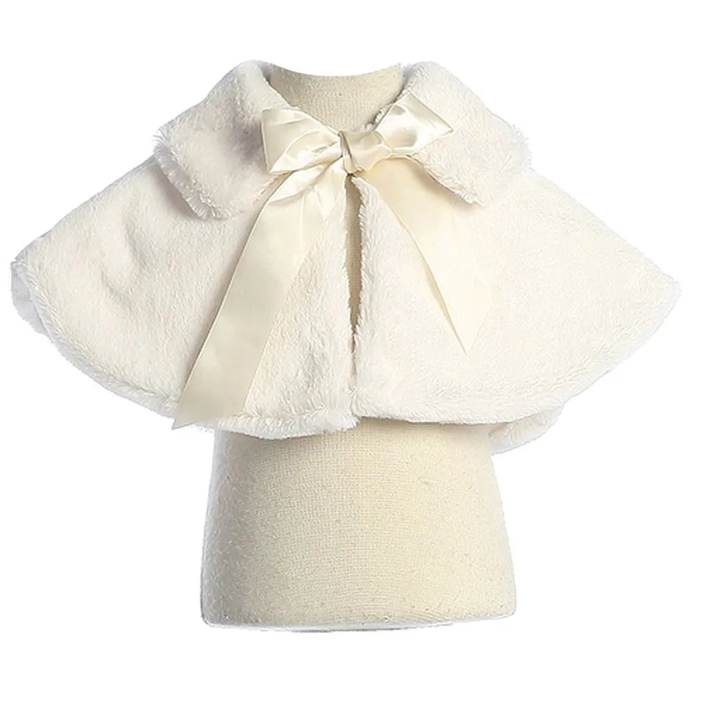 Big Girls Ivory Fluffy Faux Ribbon Closure Cape 8-12