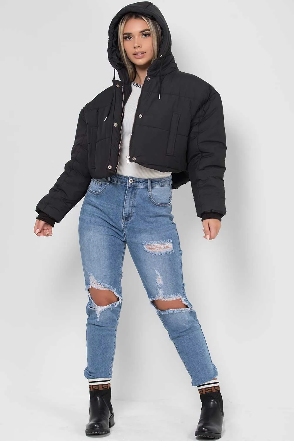 Black Crop Puffer Jacket With Hood