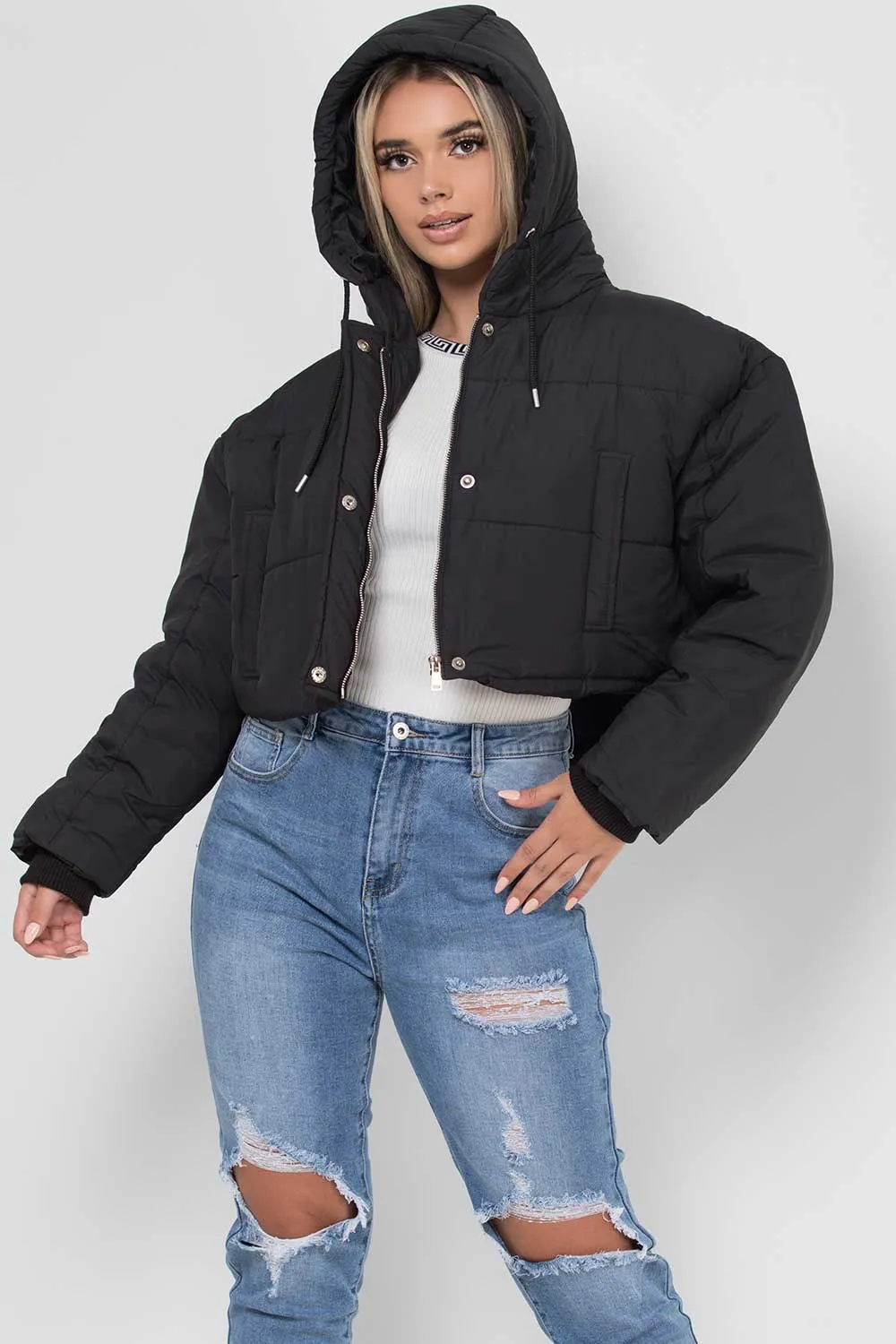 Black Crop Puffer Jacket With Hood