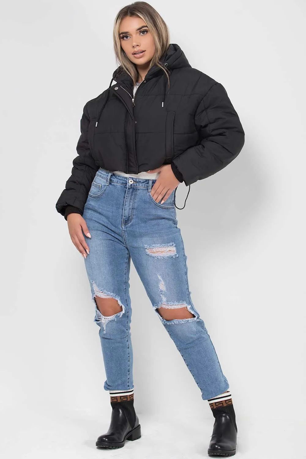 Black Crop Puffer Jacket With Hood