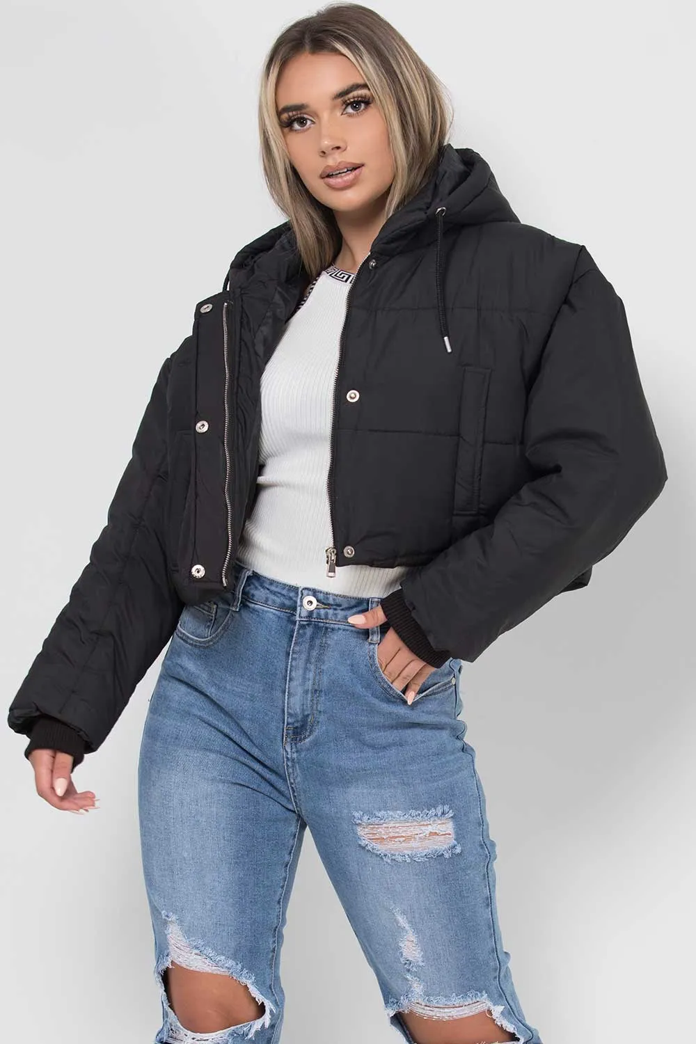 Black Crop Puffer Jacket With Hood