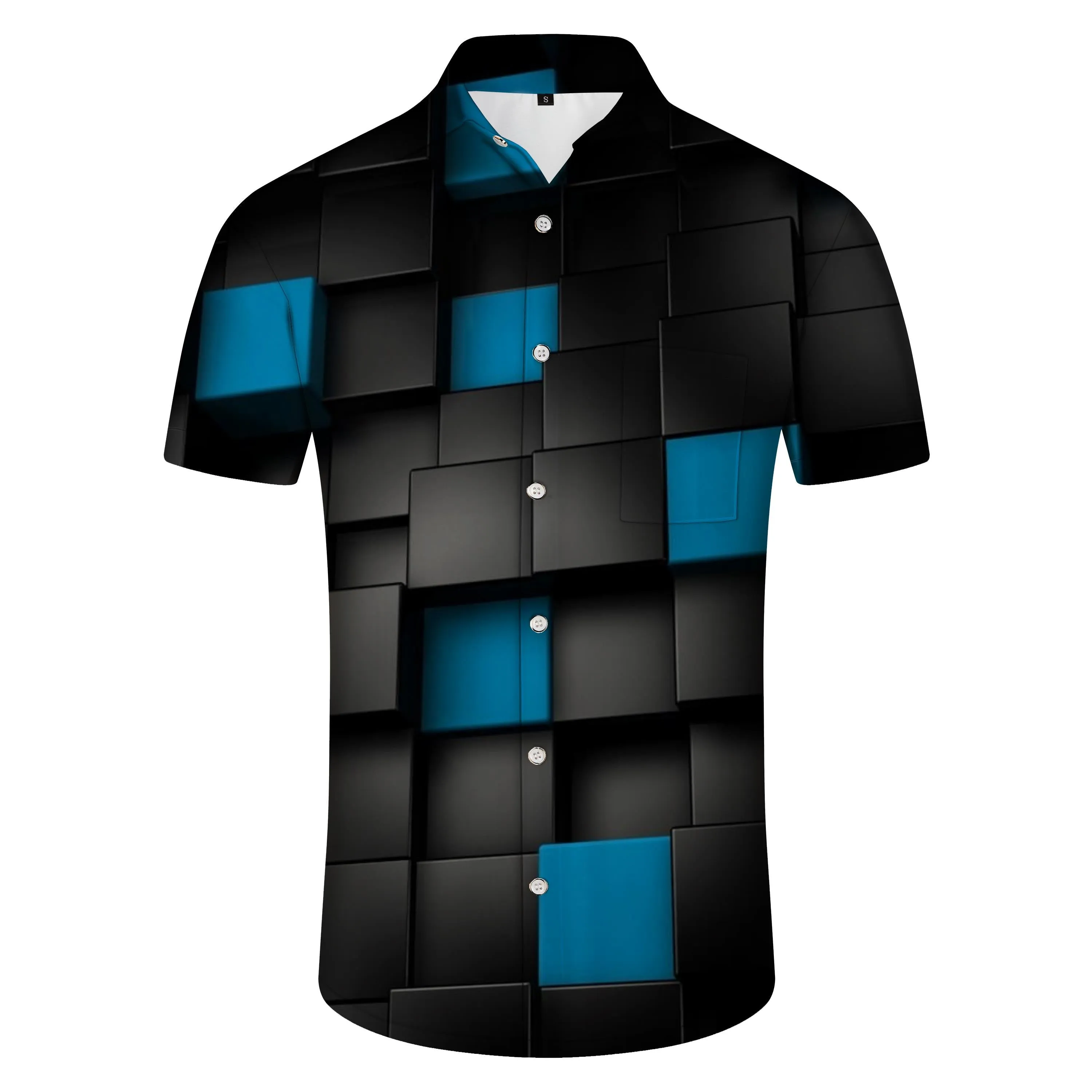 Black Cube Adult Tropical Loose Shirt Print Hawaiian Button Shirt Beachwear Abstract Short Sleeve