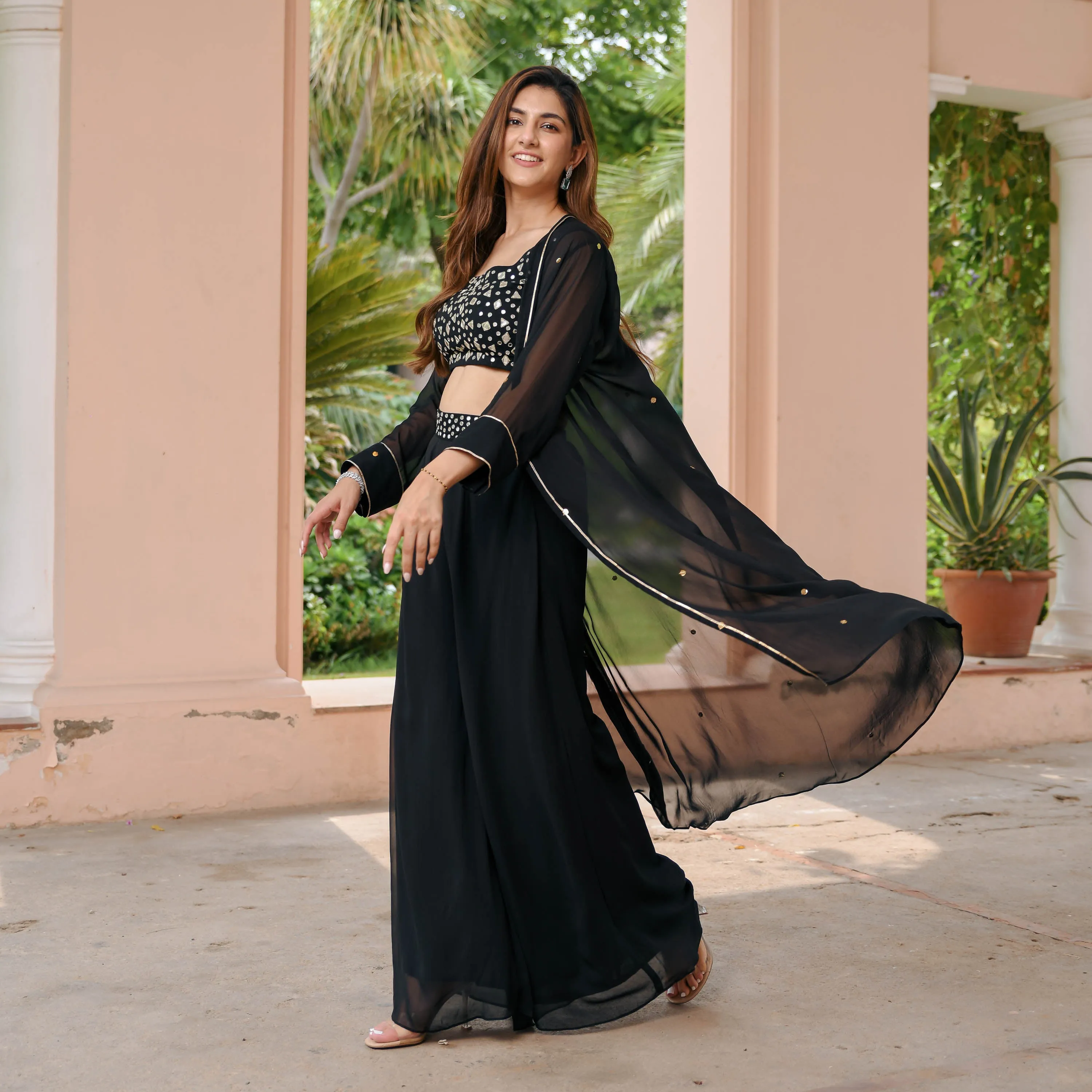 Black Georgette Cape Pants Set