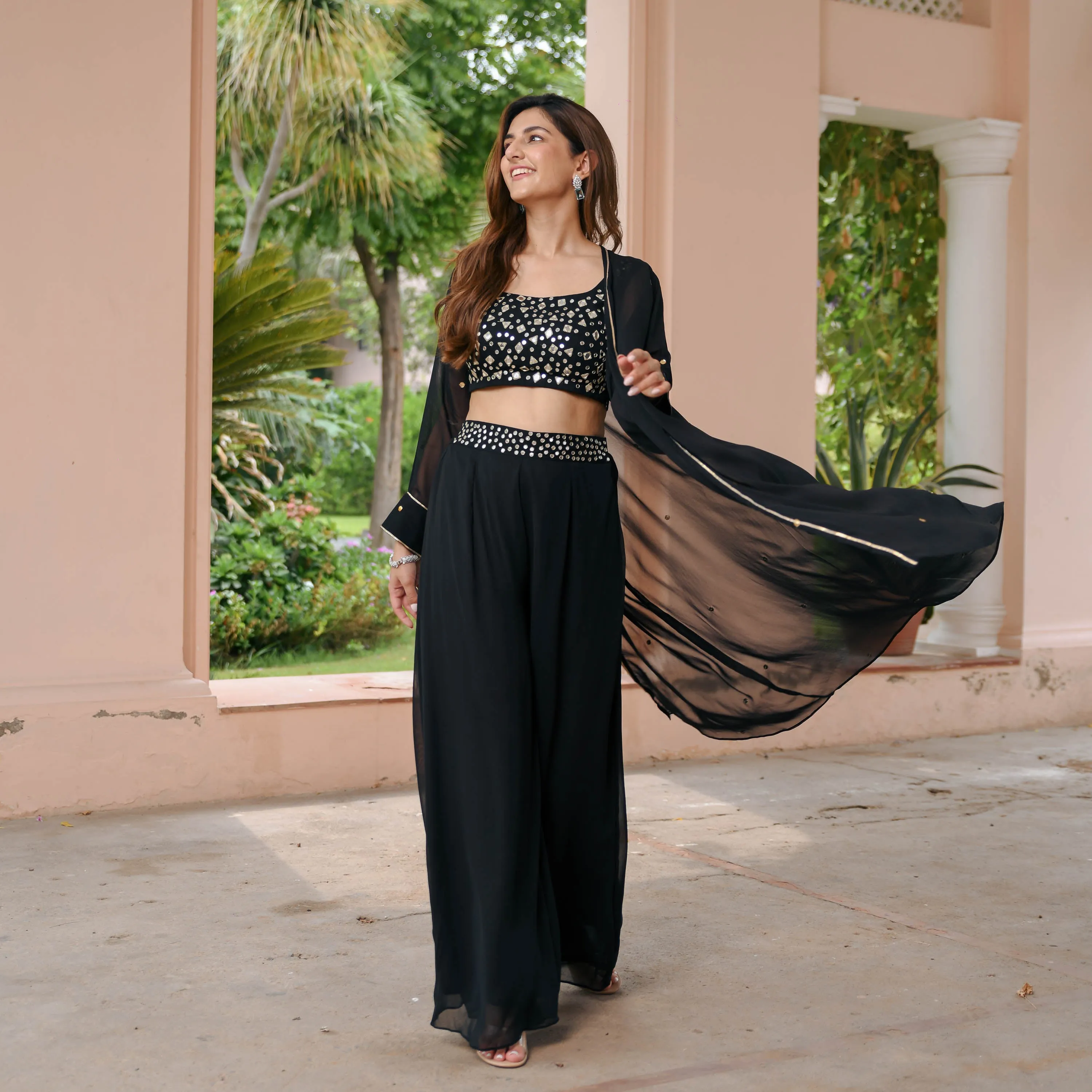 Black Georgette Cape Pants Set