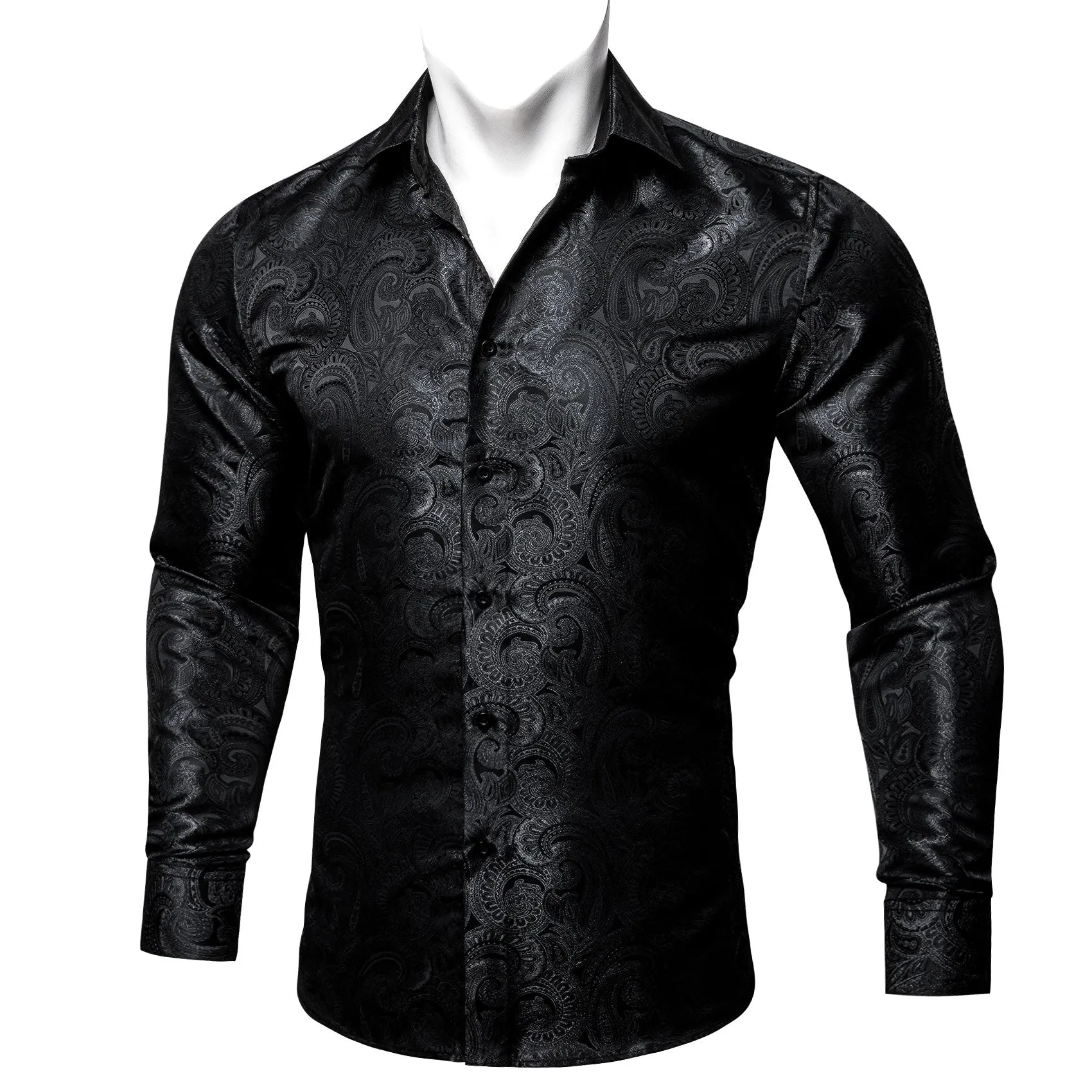 Black Paisley Pattern Silk Men's Long Sleeve Shirt