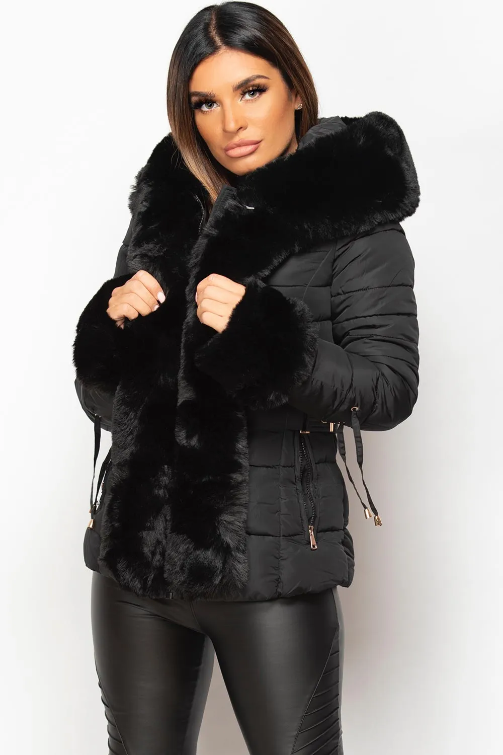 Black Puffer Coat With Faux Fur Hood And Cuff