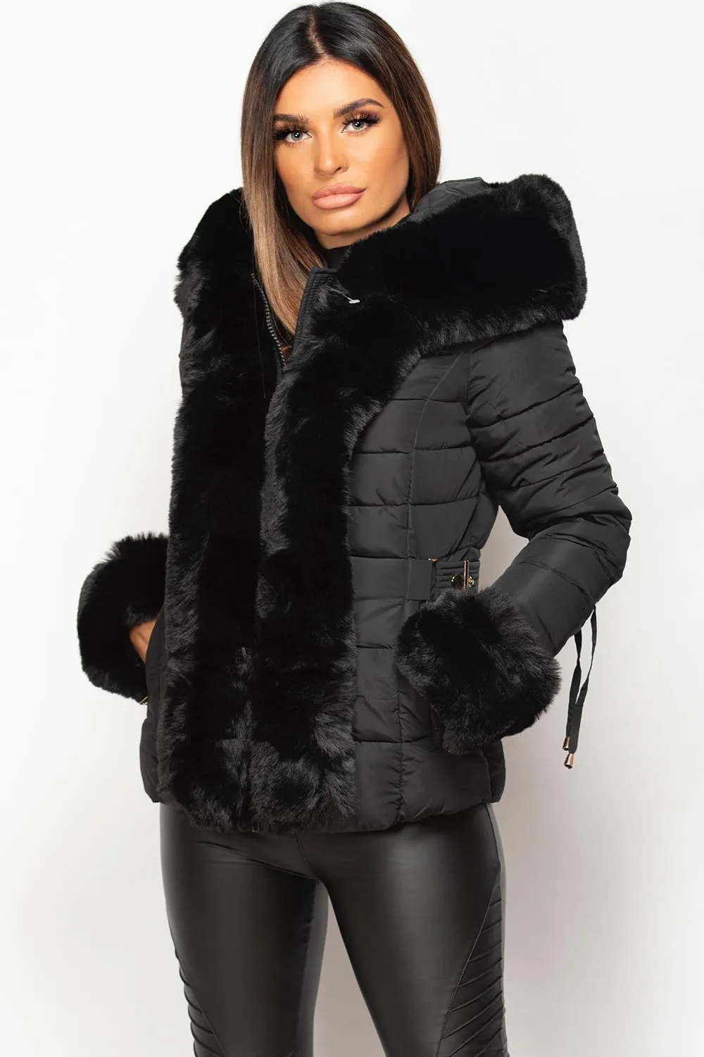 Black Puffer Coat With Faux Fur Hood And Cuff