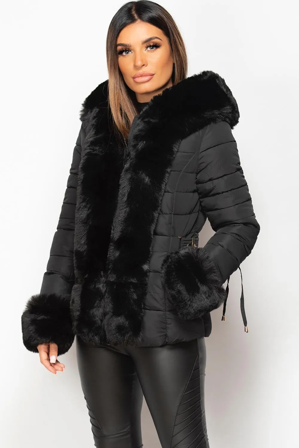 Black Puffer Coat With Faux Fur Hood And Cuff