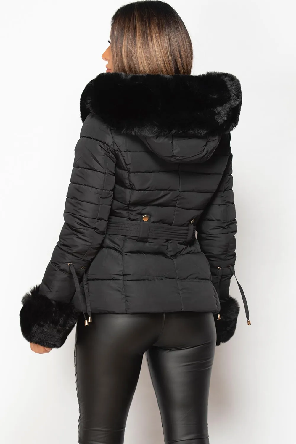 Black Puffer Coat With Faux Fur Hood And Cuff