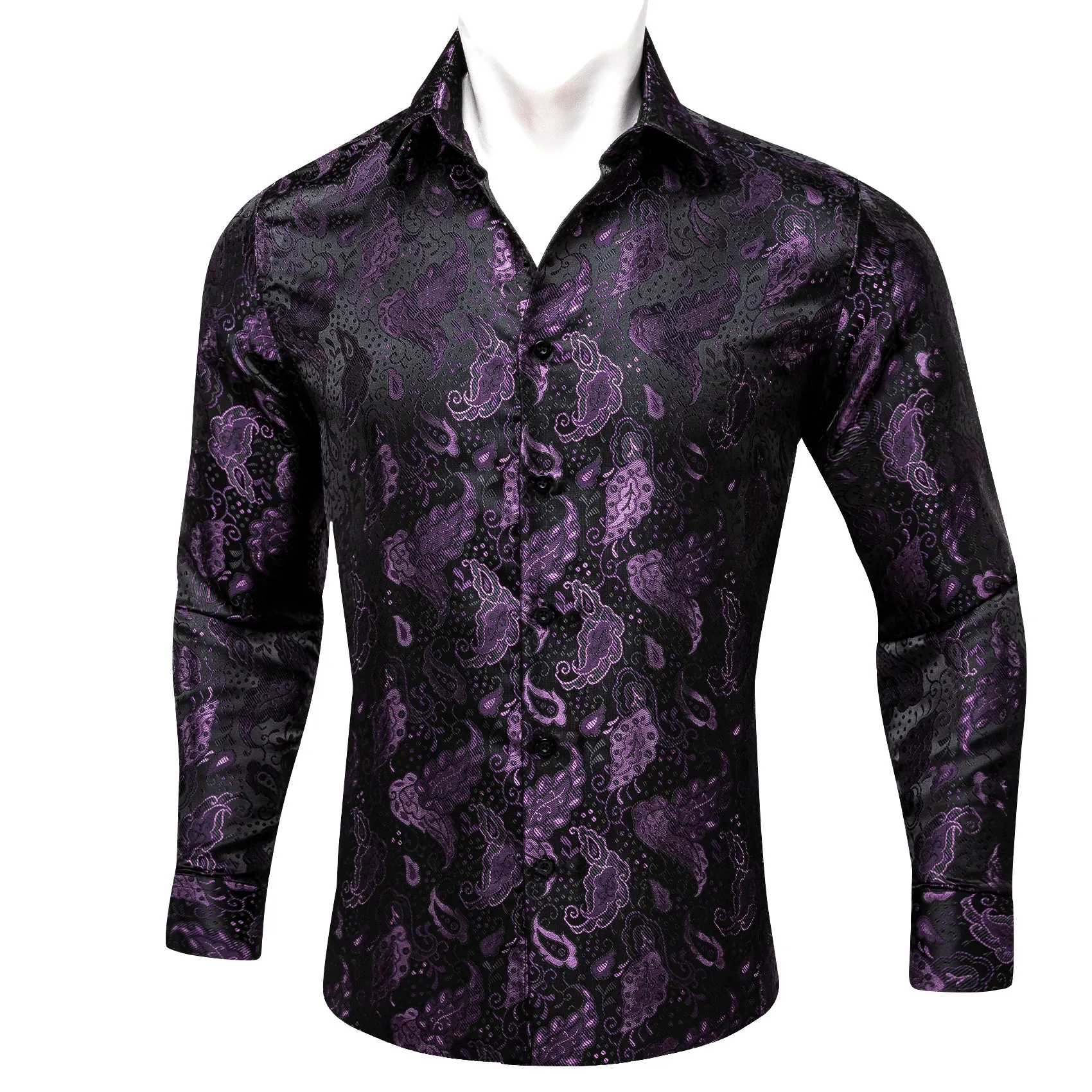 Black Purple Paisley Flower Pattern Silk Men's Long Sleeve Shirt