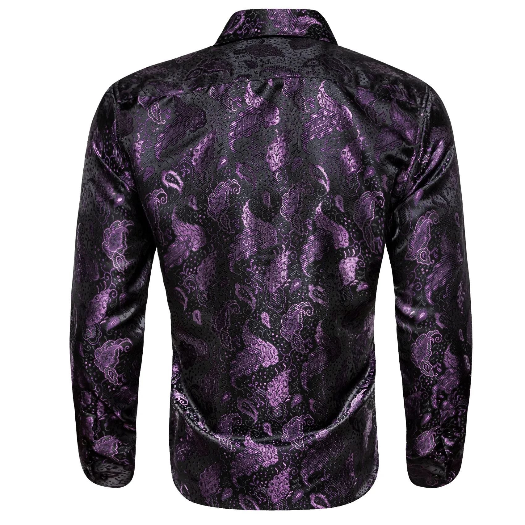 Black Purple Paisley Flower Pattern Silk Men's Long Sleeve Shirt