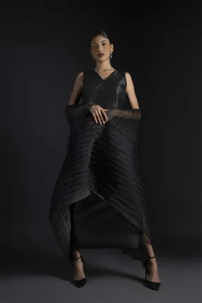 Black Raw Silk Dress & Pleated Cape Set