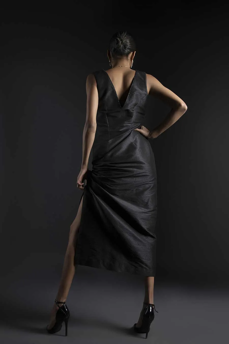 Black Raw Silk Dress & Pleated Cape Set