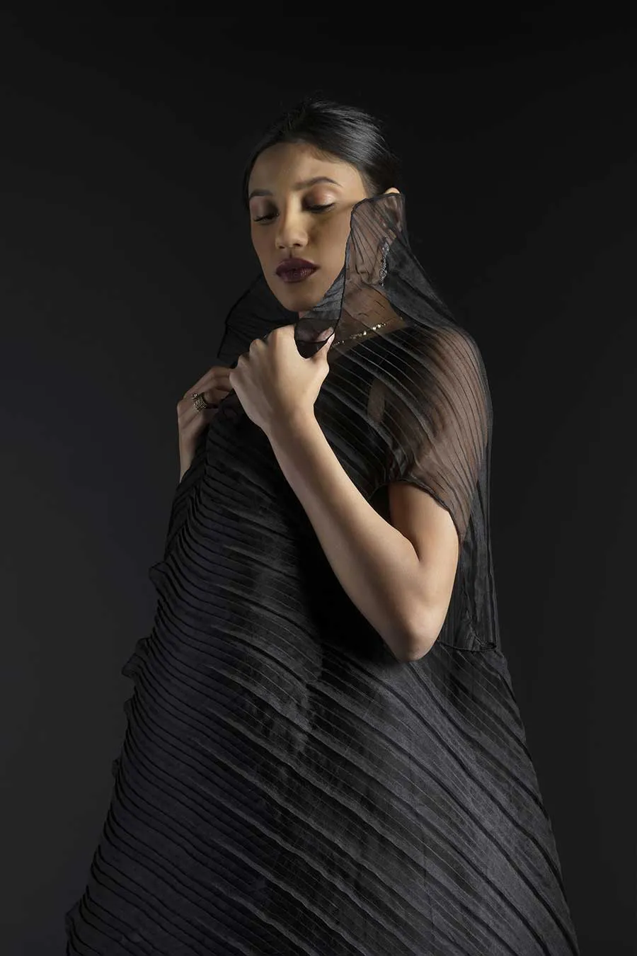 Black Raw Silk Dress & Pleated Cape Set