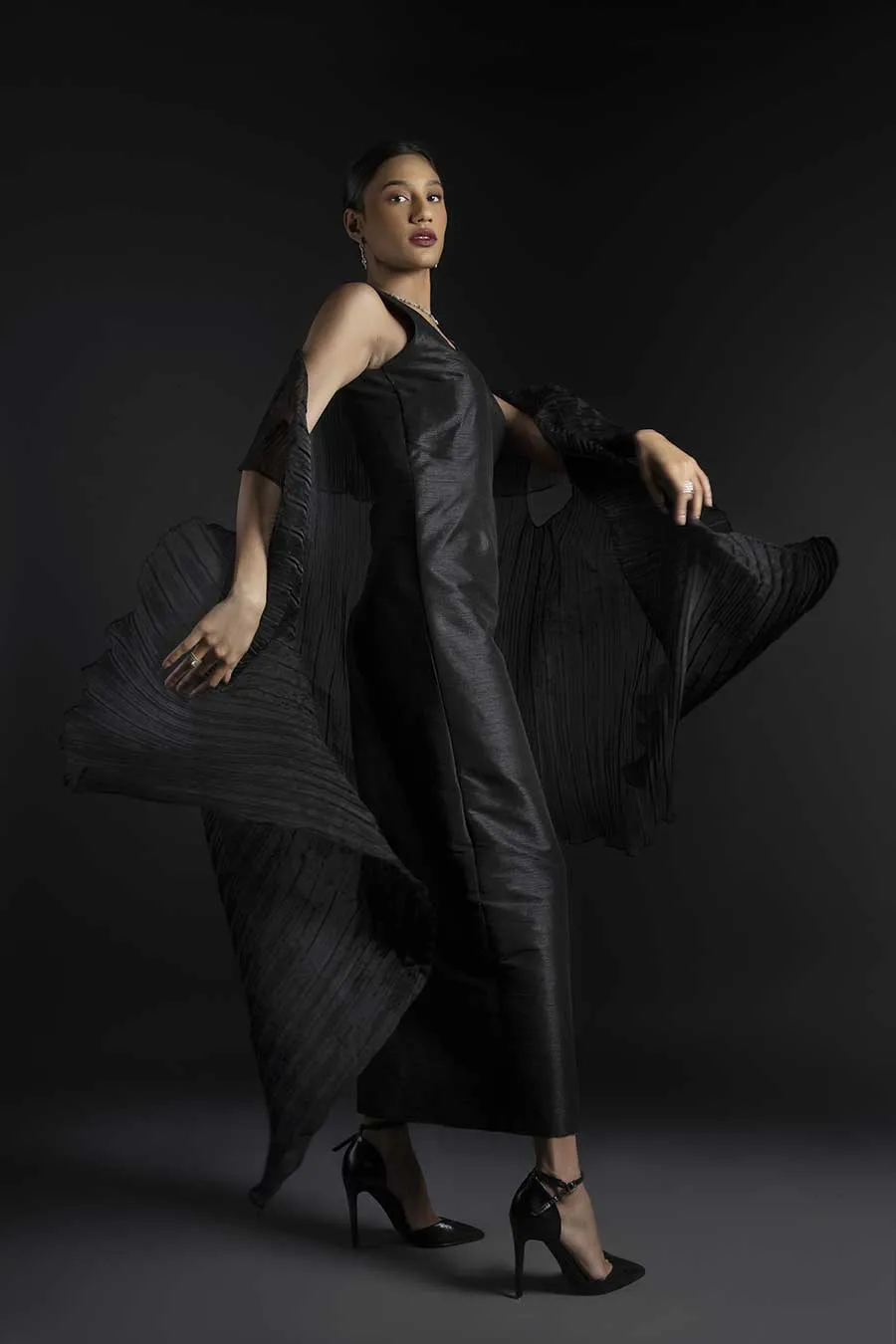 Black Raw Silk Dress & Pleated Cape Set