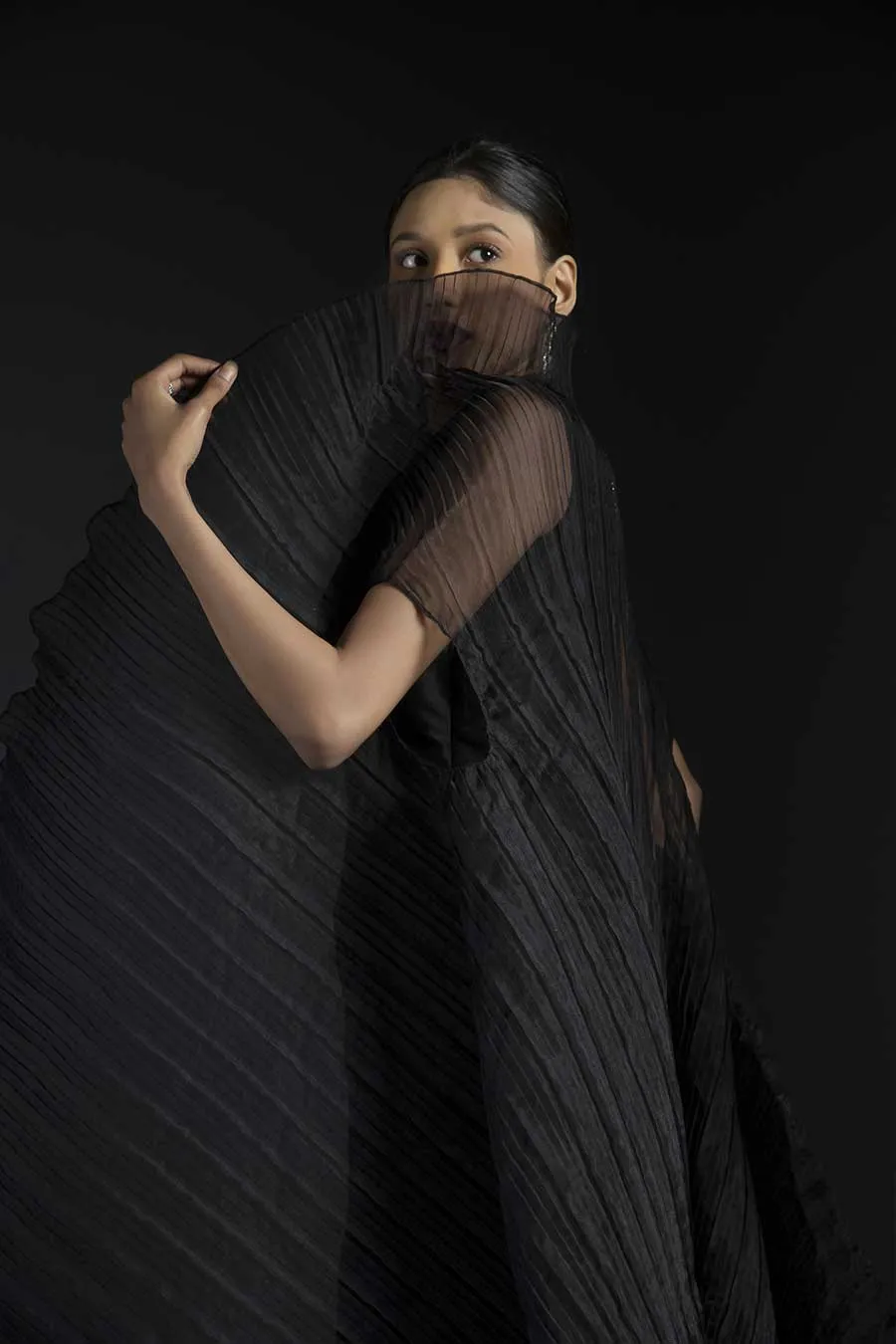 Black Raw Silk Dress & Pleated Cape Set