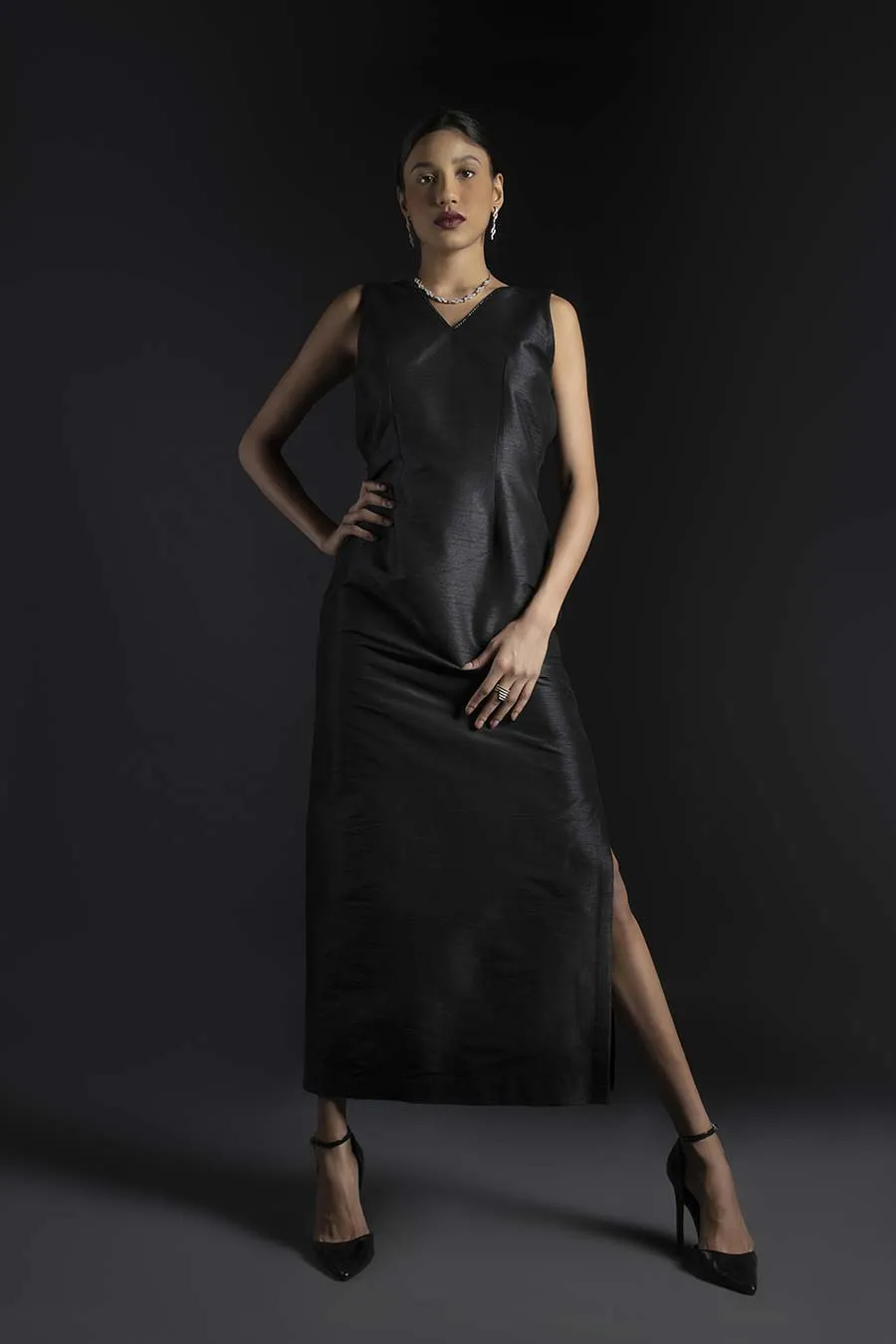 Black Raw Silk Dress & Pleated Cape Set