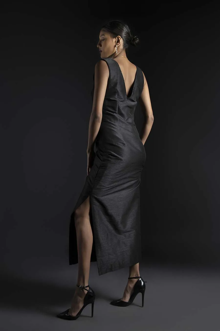 Black Raw Silk Dress & Pleated Cape Set