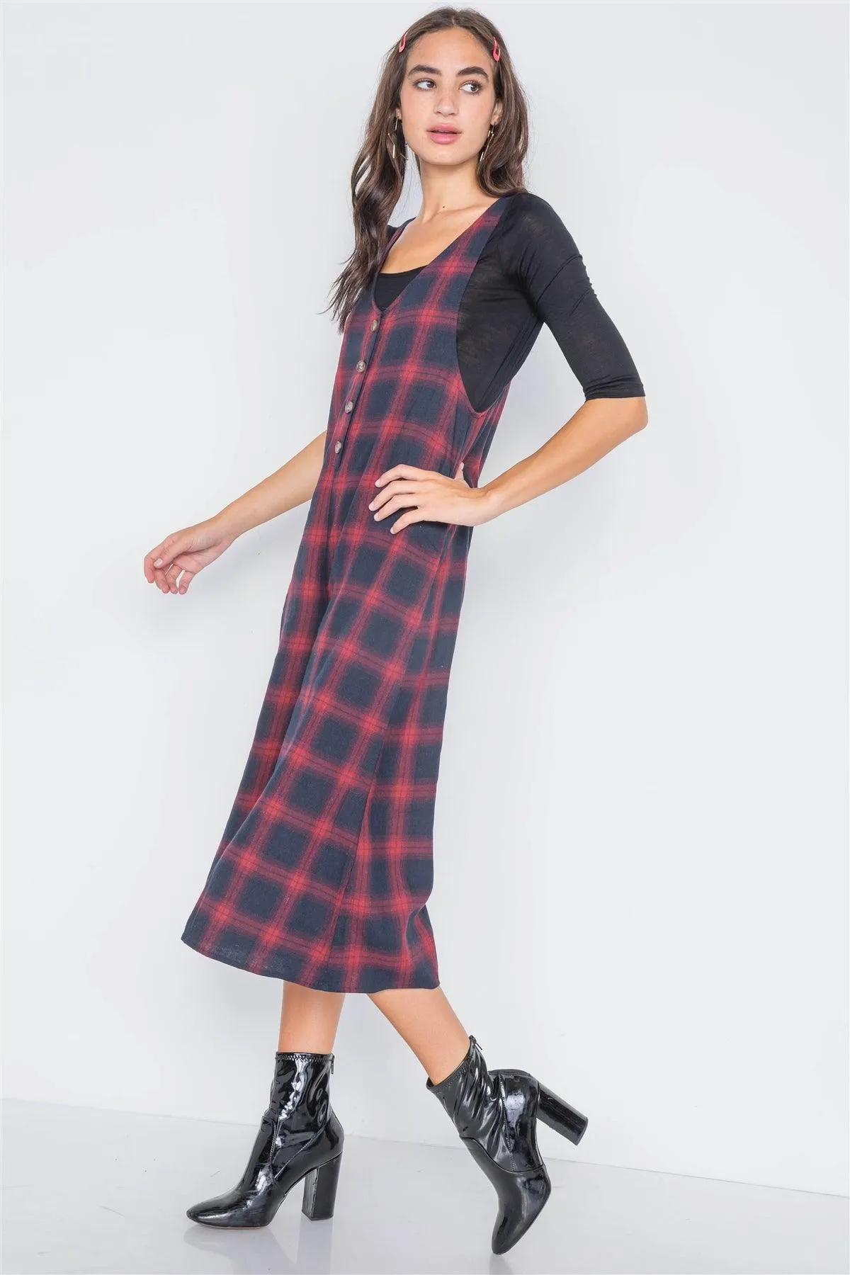 Black Red Plaid Wide Leg Overall Jumpsuit /3-2-1