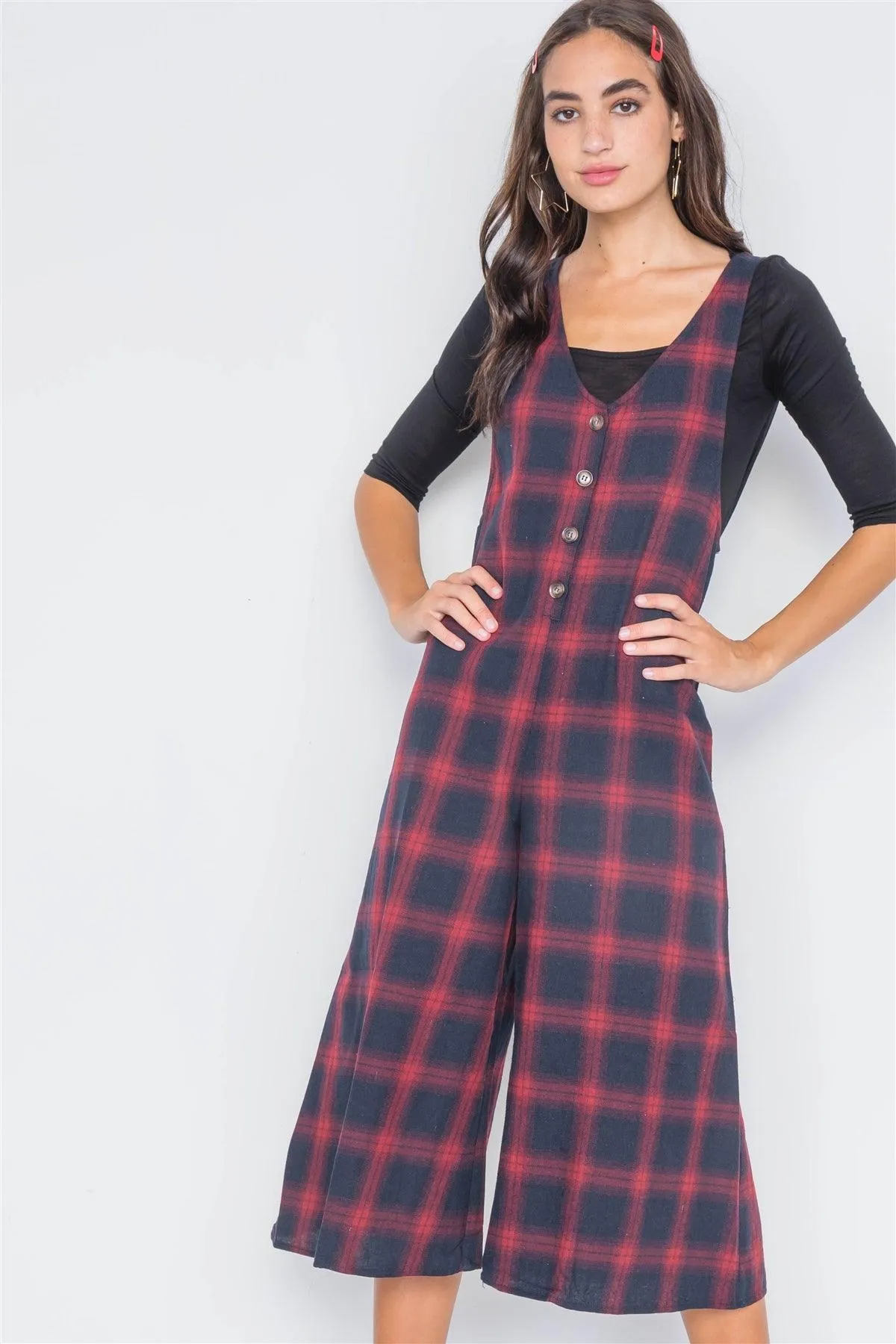 Black Red Plaid Wide Leg Overall Jumpsuit /3-2-1