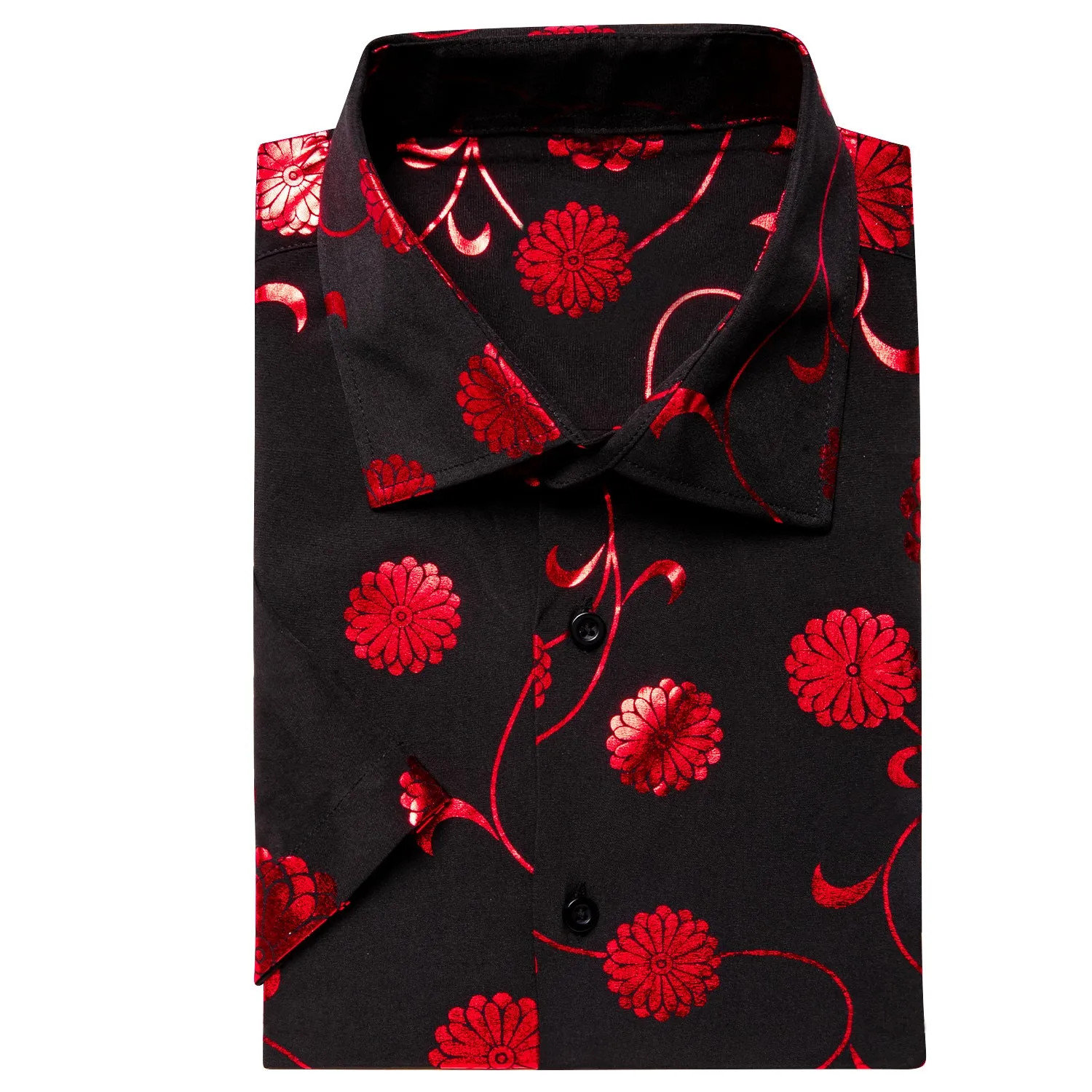 Black Shirt with Red Chrysanthemum Floral Silk Men's Short Sleeve Shirt