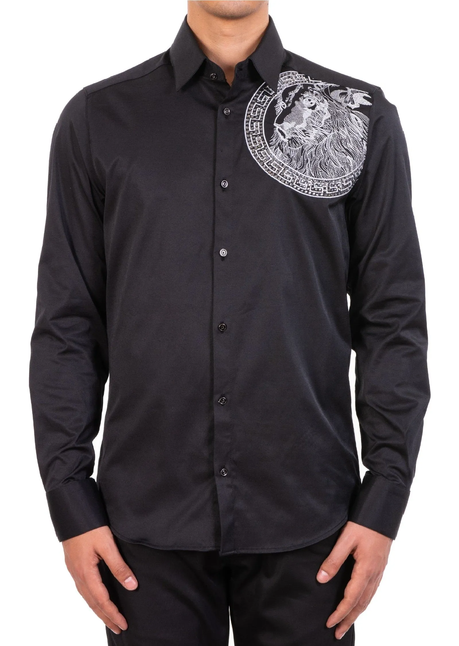 Black Silver Meander Lion Rhinestone Shirt