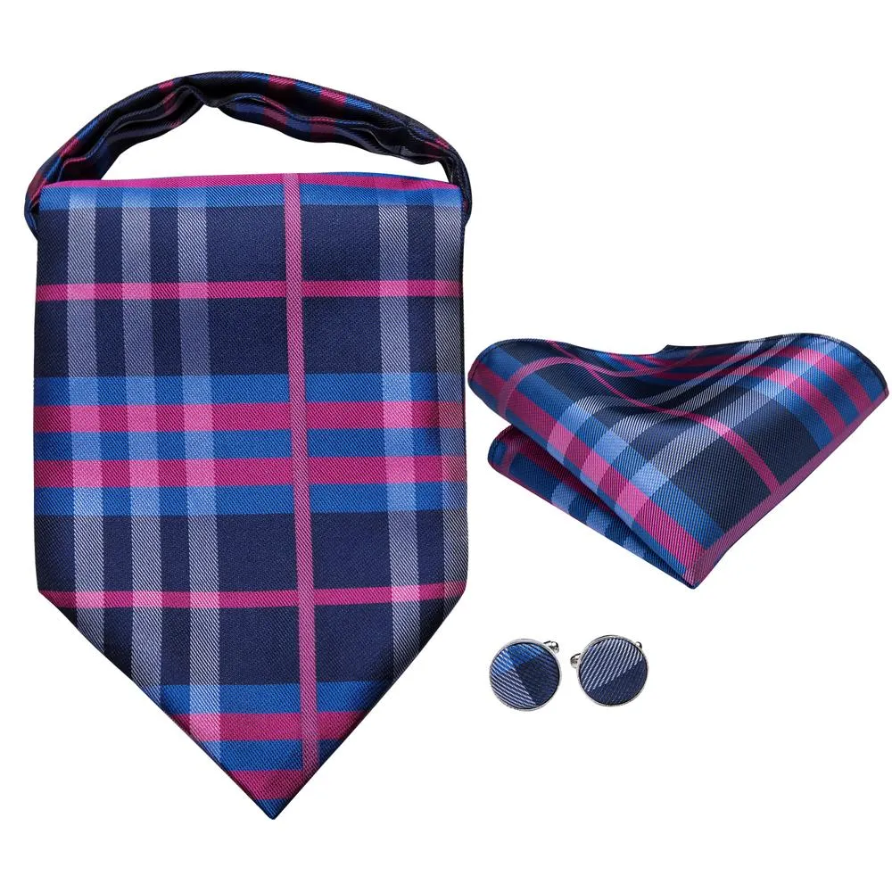 Blue Purple Plaid Silk Ascot Pocket Square Cufflinks Set