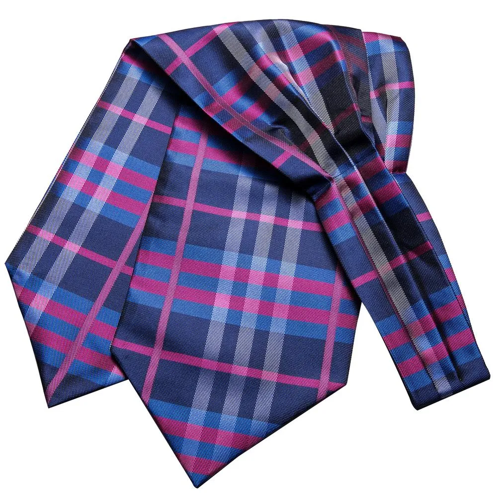 Blue Purple Plaid Silk Ascot Pocket Square Cufflinks Set