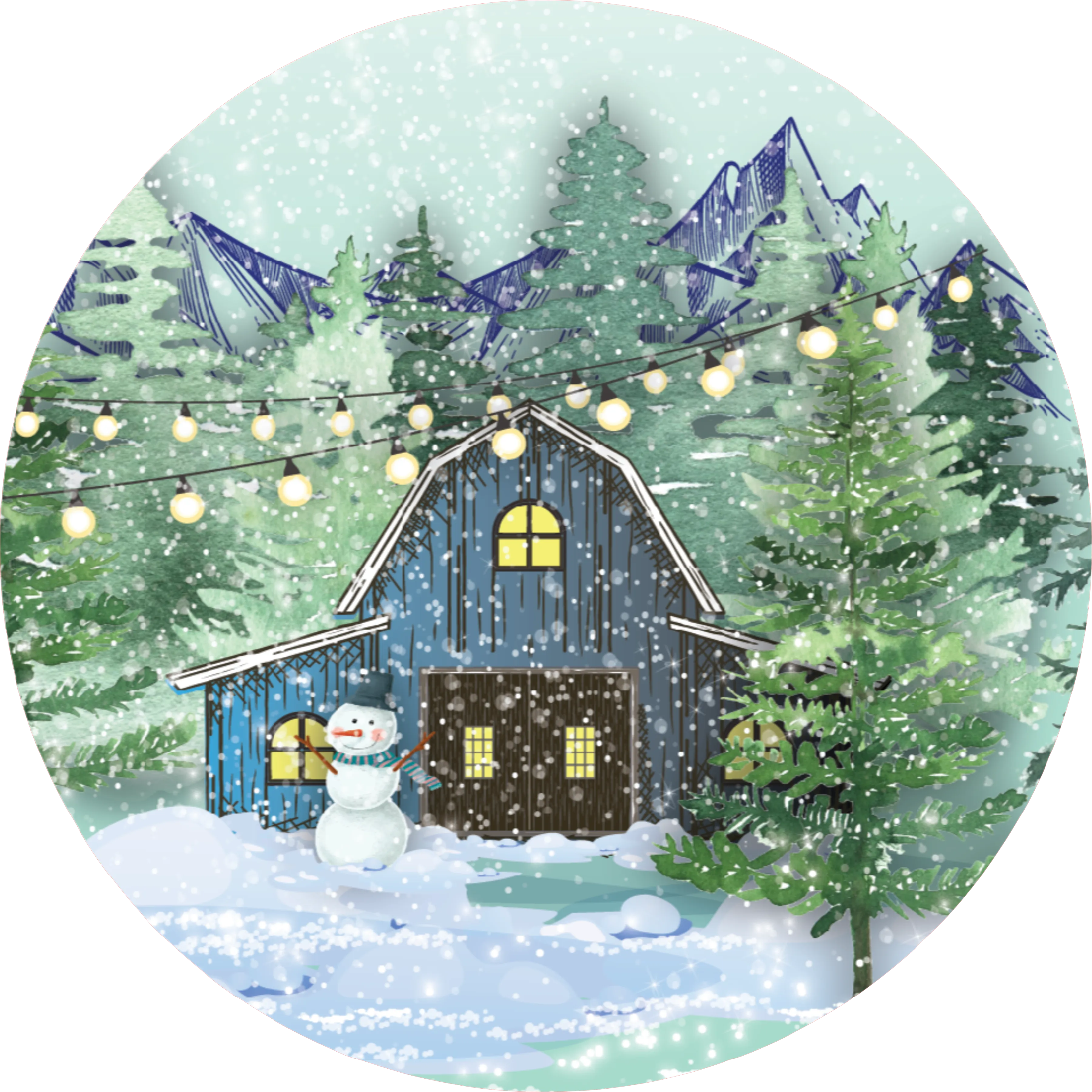 Blue Snowy Barn,  Holiday Sign, Wreath Center, Wreath Attachment