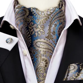 Brown Blue Paisley Silk Ascot Tie Pocket Square Cufflinks Set