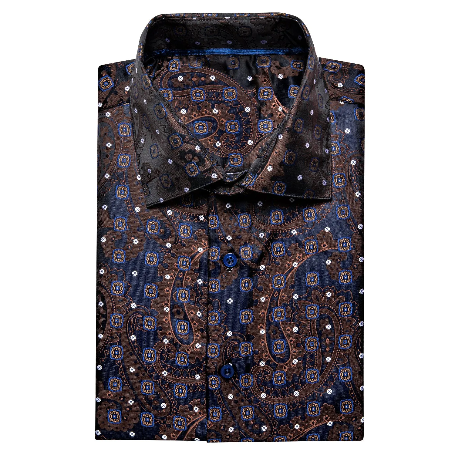 Brown Dark Blue Paisley Silk Men's Short Sleeve Shirt