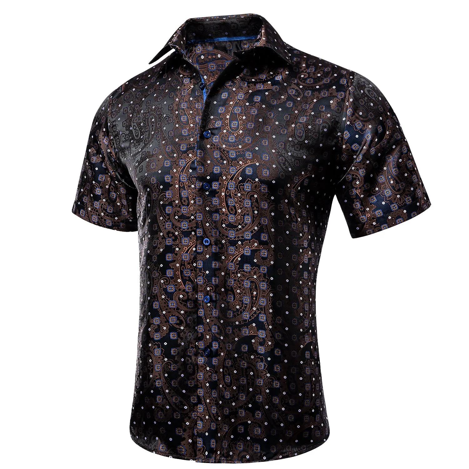 Brown Dark Blue Paisley Silk Men's Short Sleeve Shirt