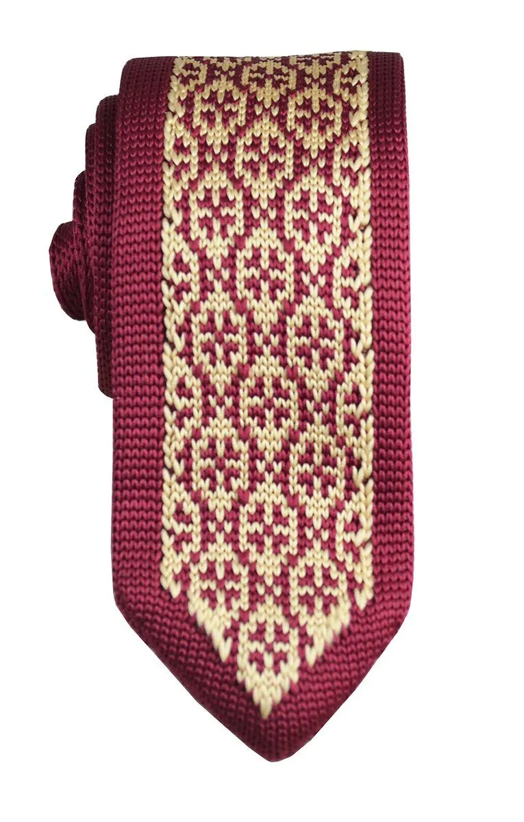 Burgundy and Gold Patterned Knit Tie by Paul Malone