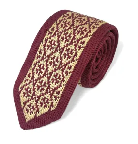 Burgundy and Gold Patterned Knit Tie by Paul Malone