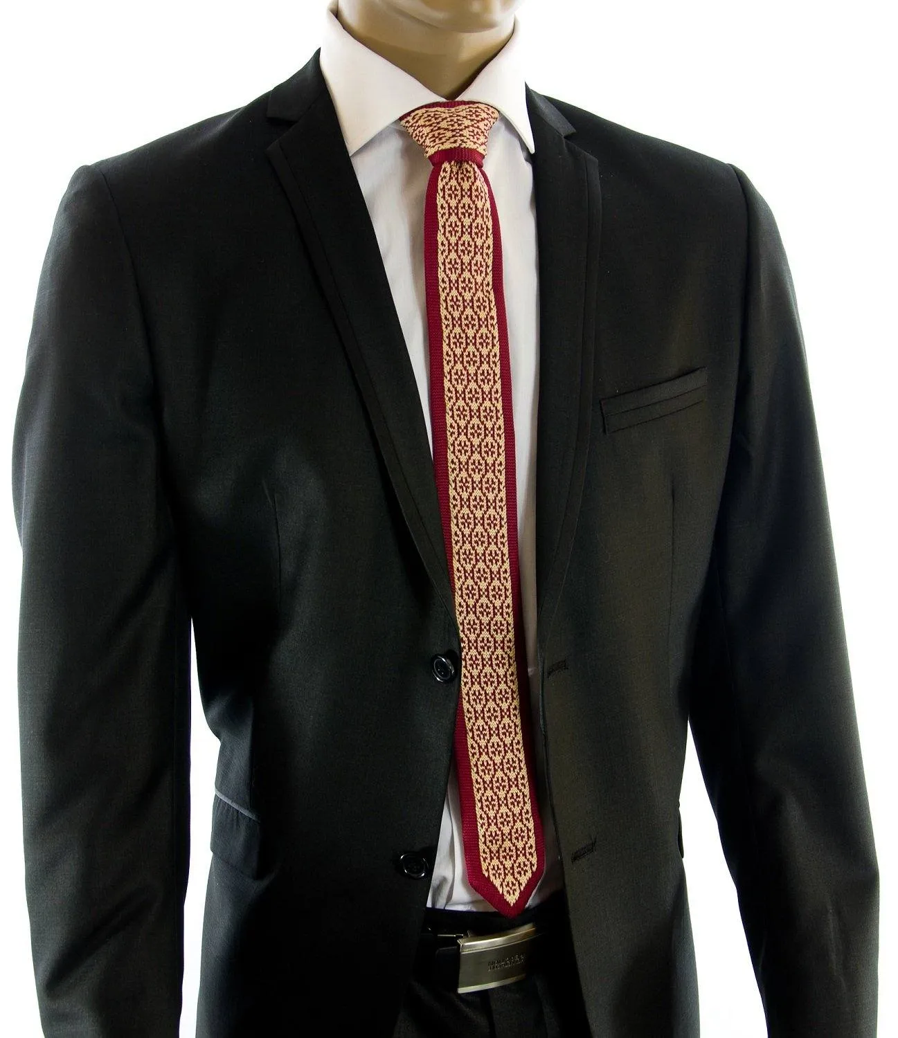 Burgundy and Gold Patterned Knit Tie by Paul Malone