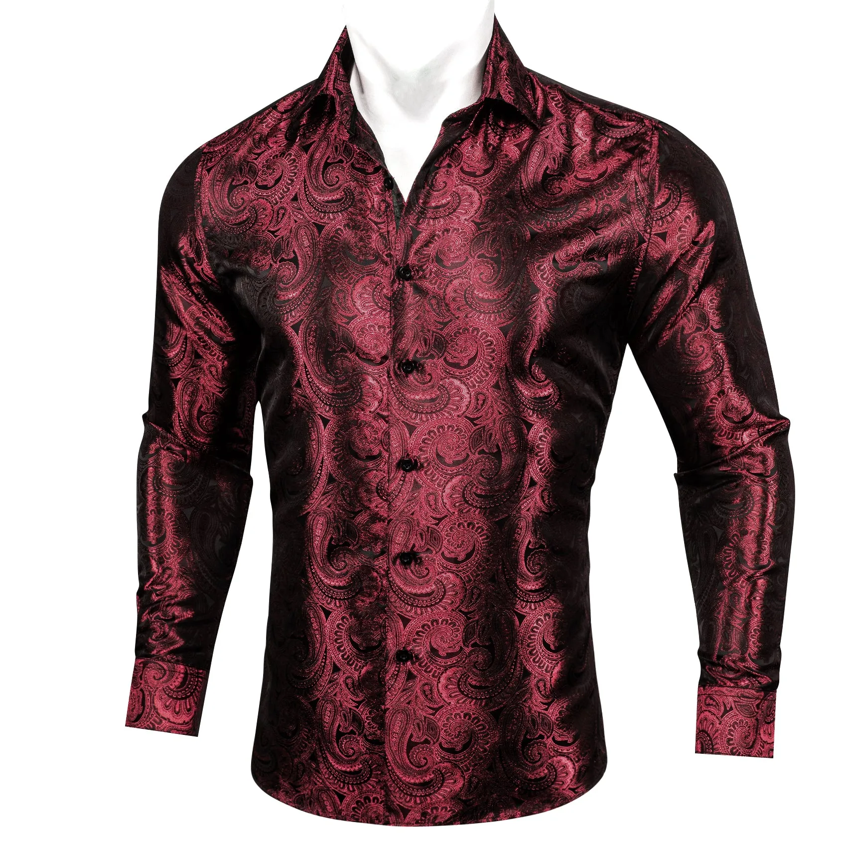 Burgundy Dark Red Paisley Pattern Silk Men's Long Sleeve Shirt