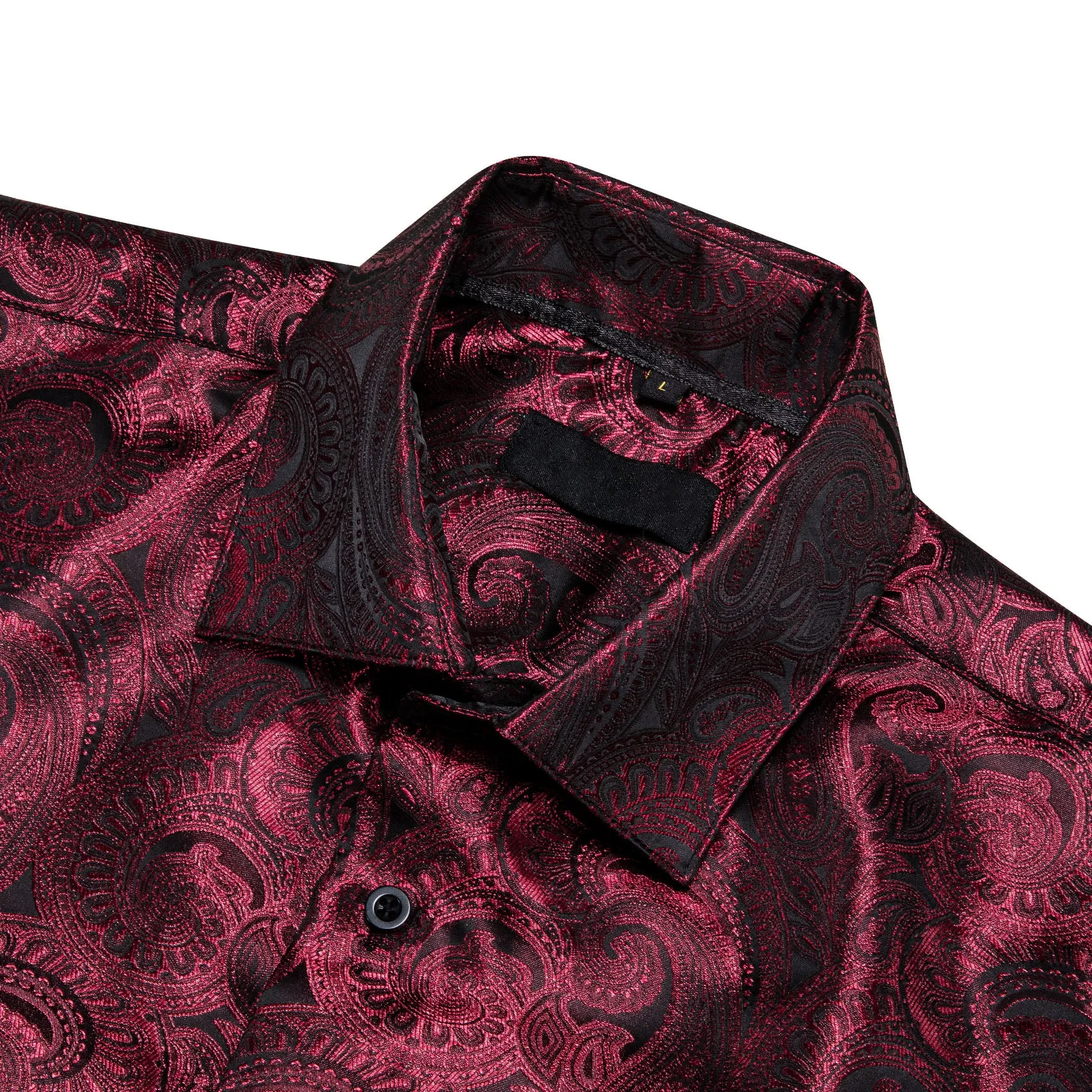 Burgundy Dark Red Paisley Pattern Silk Men's Long Sleeve Shirt