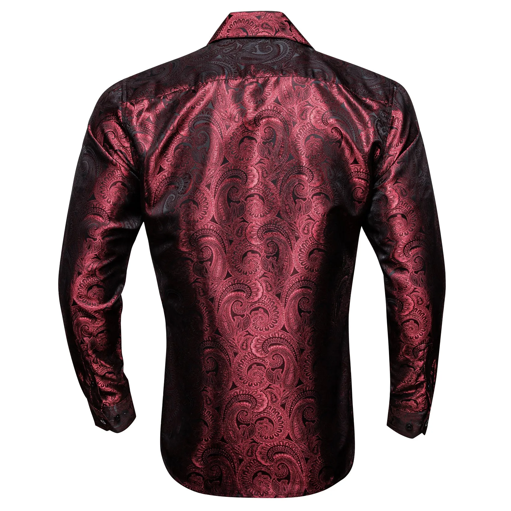 Burgundy Dark Red Paisley Pattern Silk Men's Long Sleeve Shirt