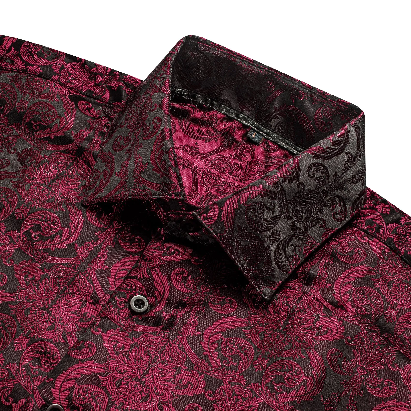 Burgundy Floral Pattern Silk Men's Long Sleeve Shirt