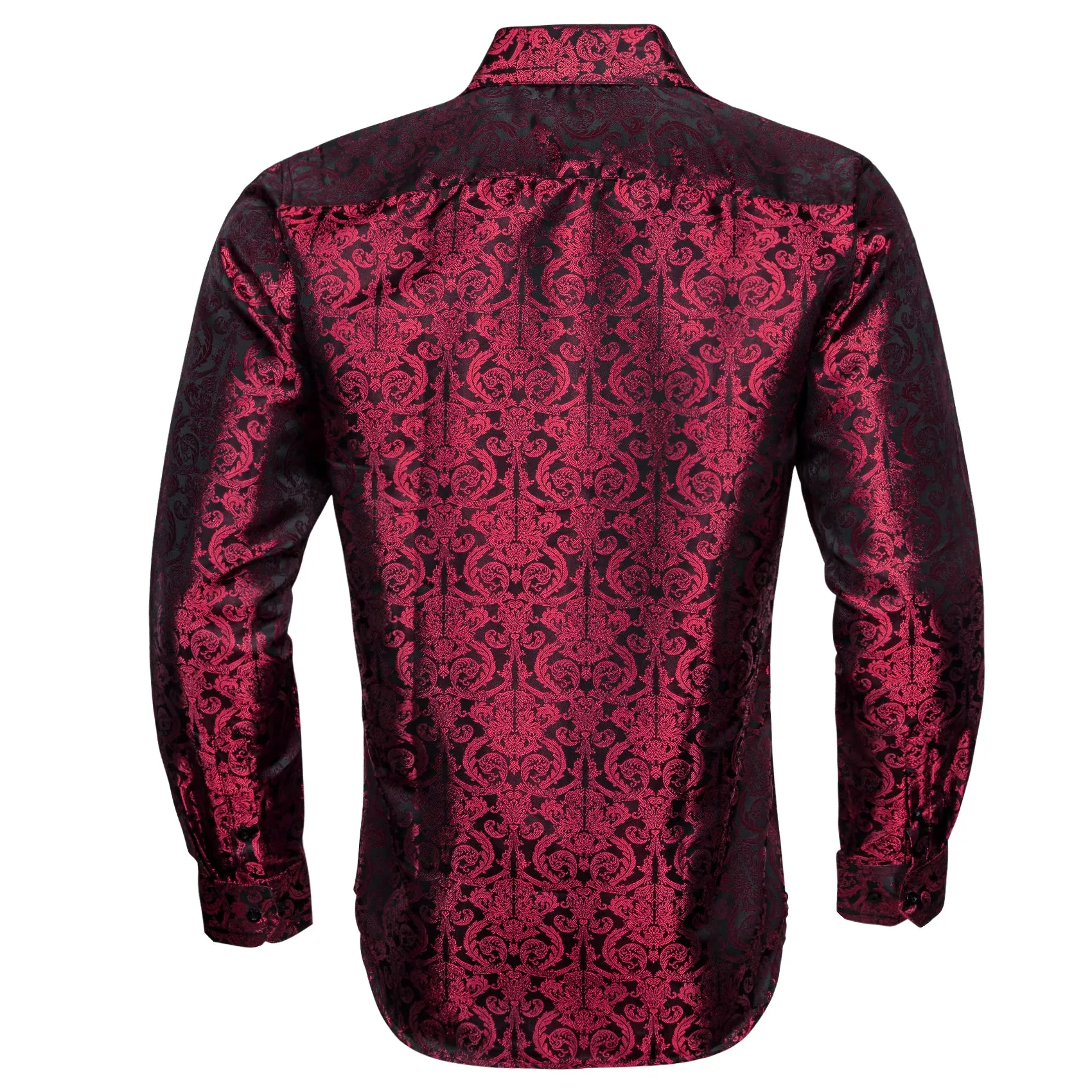 Burgundy Floral Pattern Silk Men's Long Sleeve Shirt