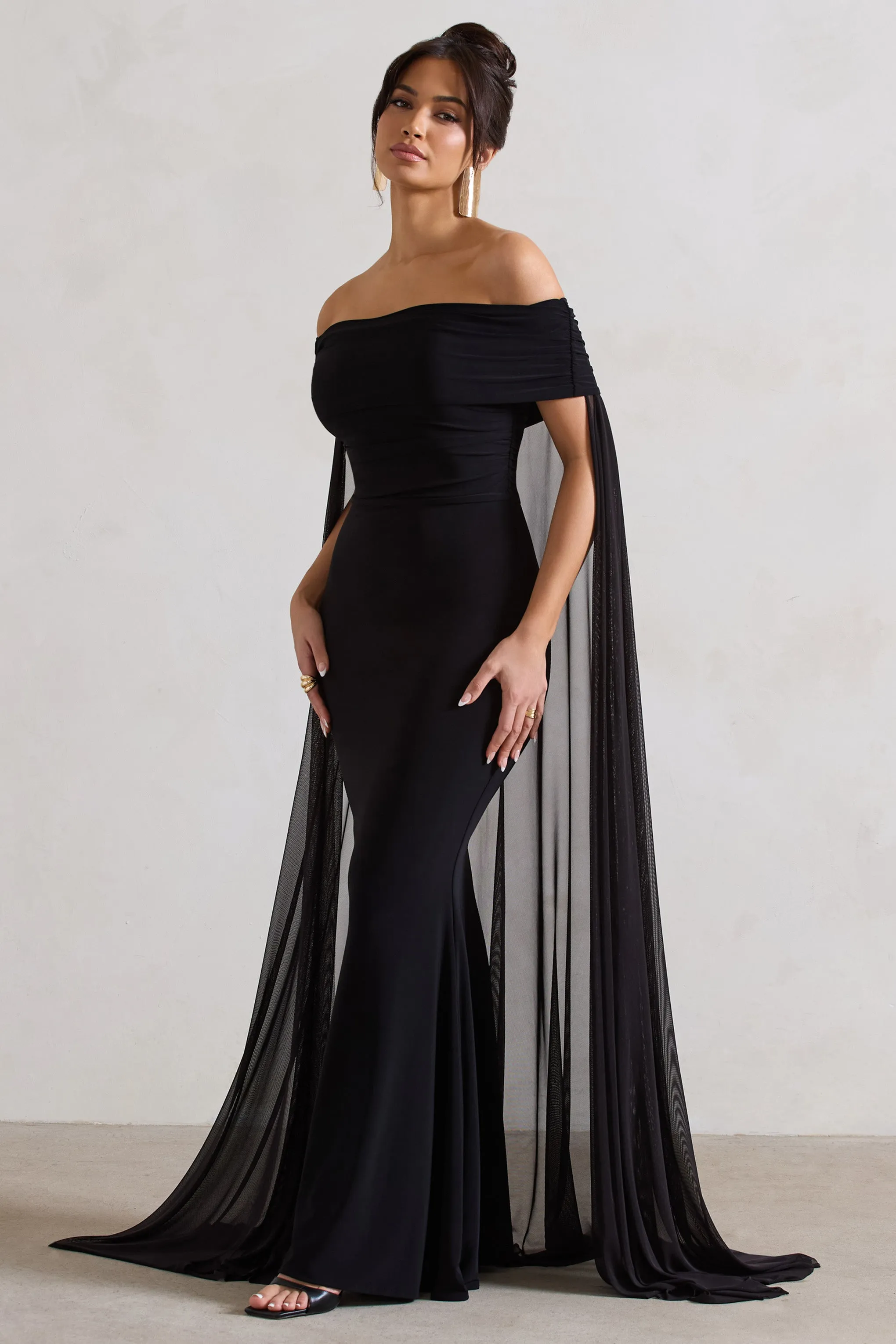 Carlotta | Black Bardot Maxi Dress With Chiffon Cape