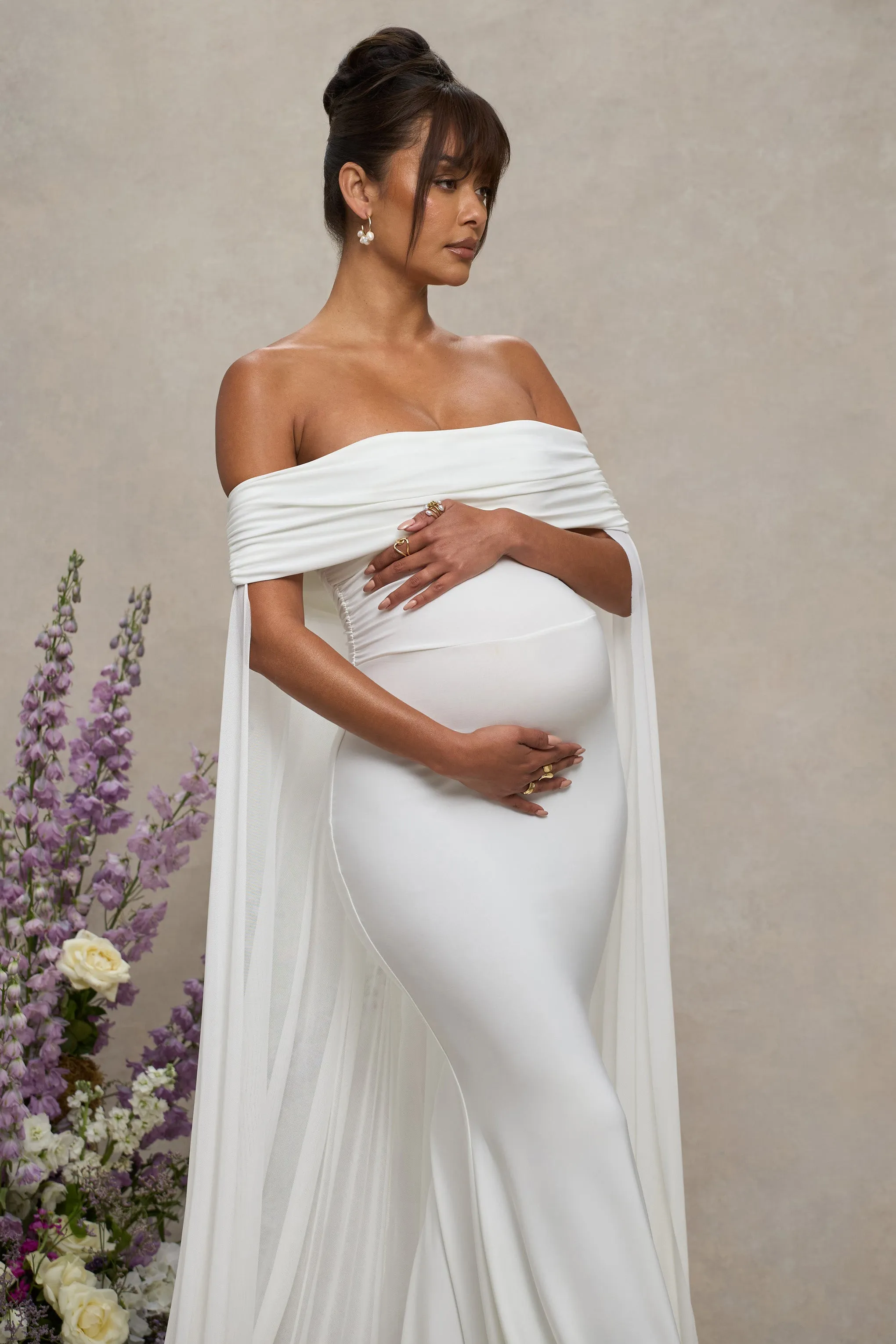 Carlotta | White Bardot Maternity Maxi Dress With Chiffon Cape