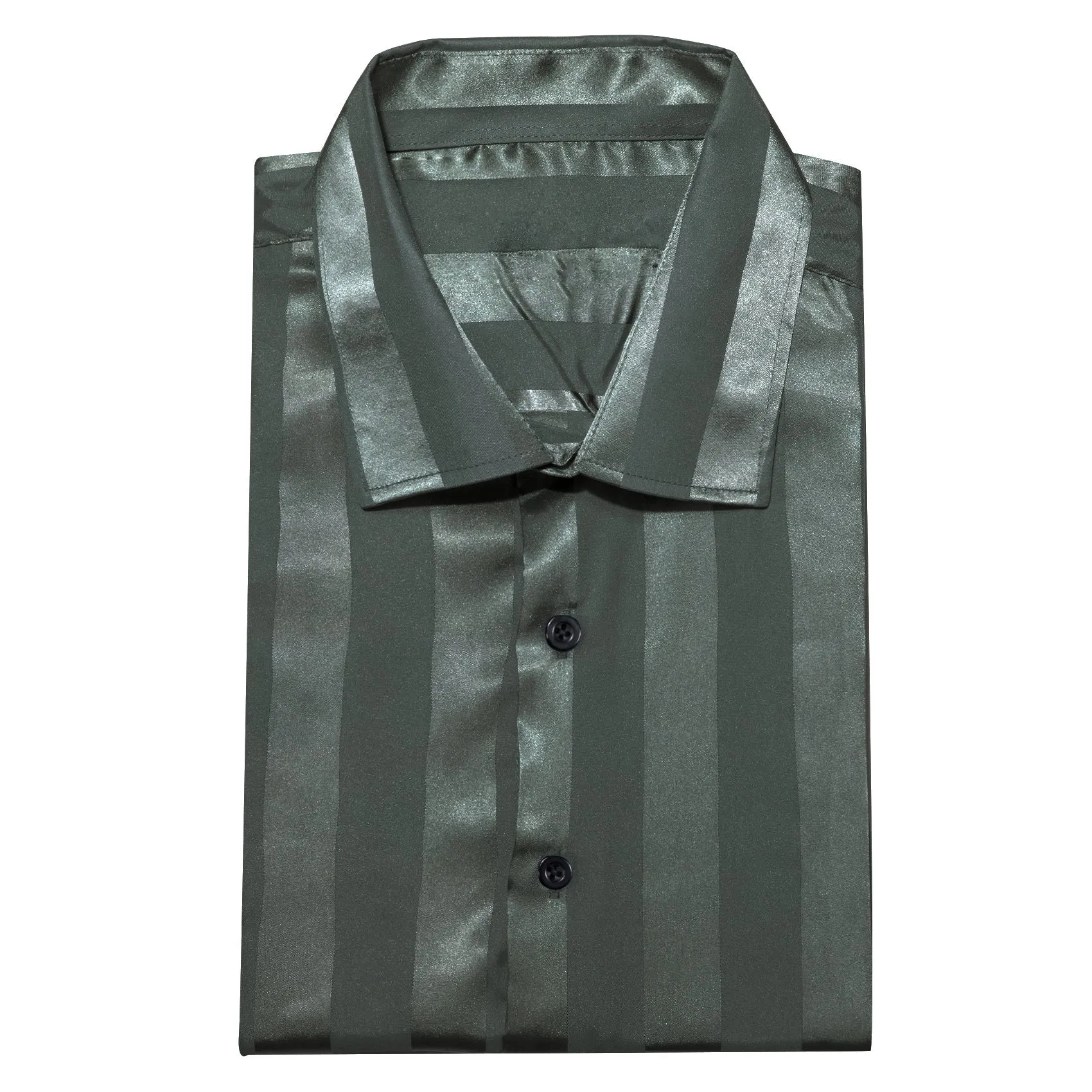 Casual Olive Green Striped Shiny Satin Men's Long Sleeve Shirt