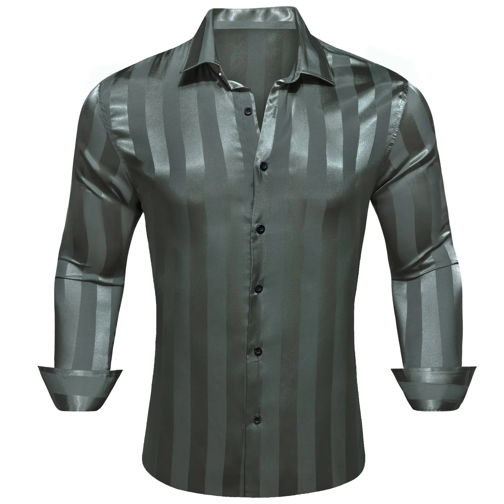 Casual Olive Green Striped Shiny Satin Men's Long Sleeve Shirt