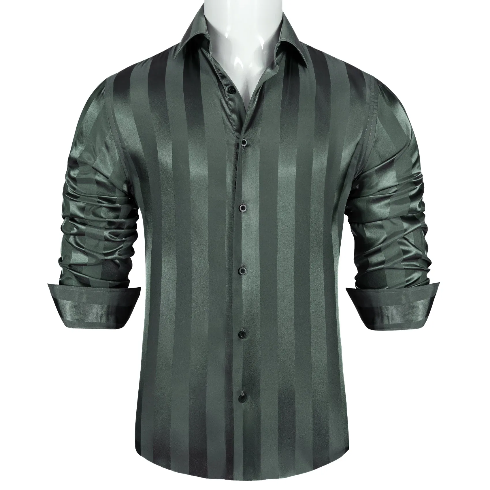 Casual Olive Green Striped Shiny Satin Men's Long Sleeve Shirt