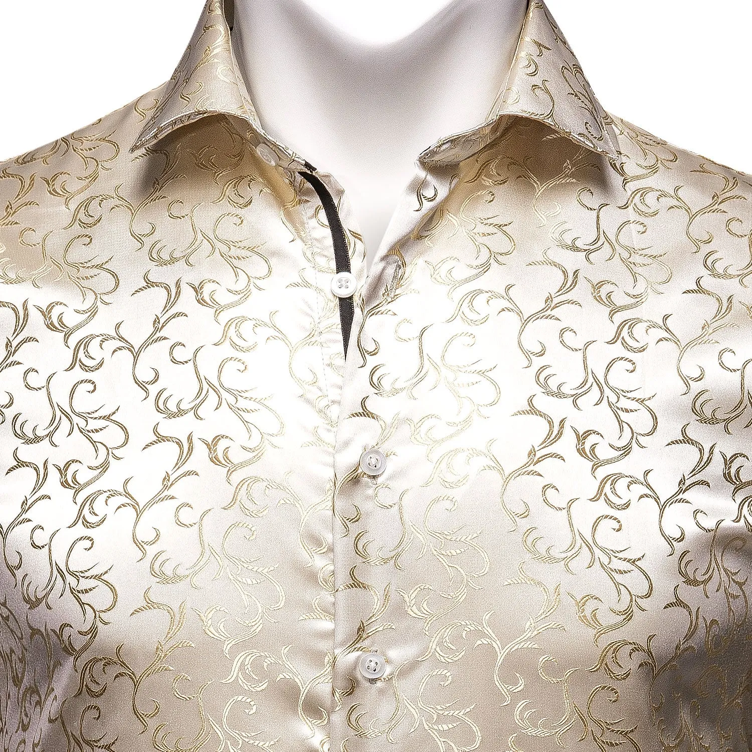 Champagne Floral Style Silk Men's Long Sleeve Shirt