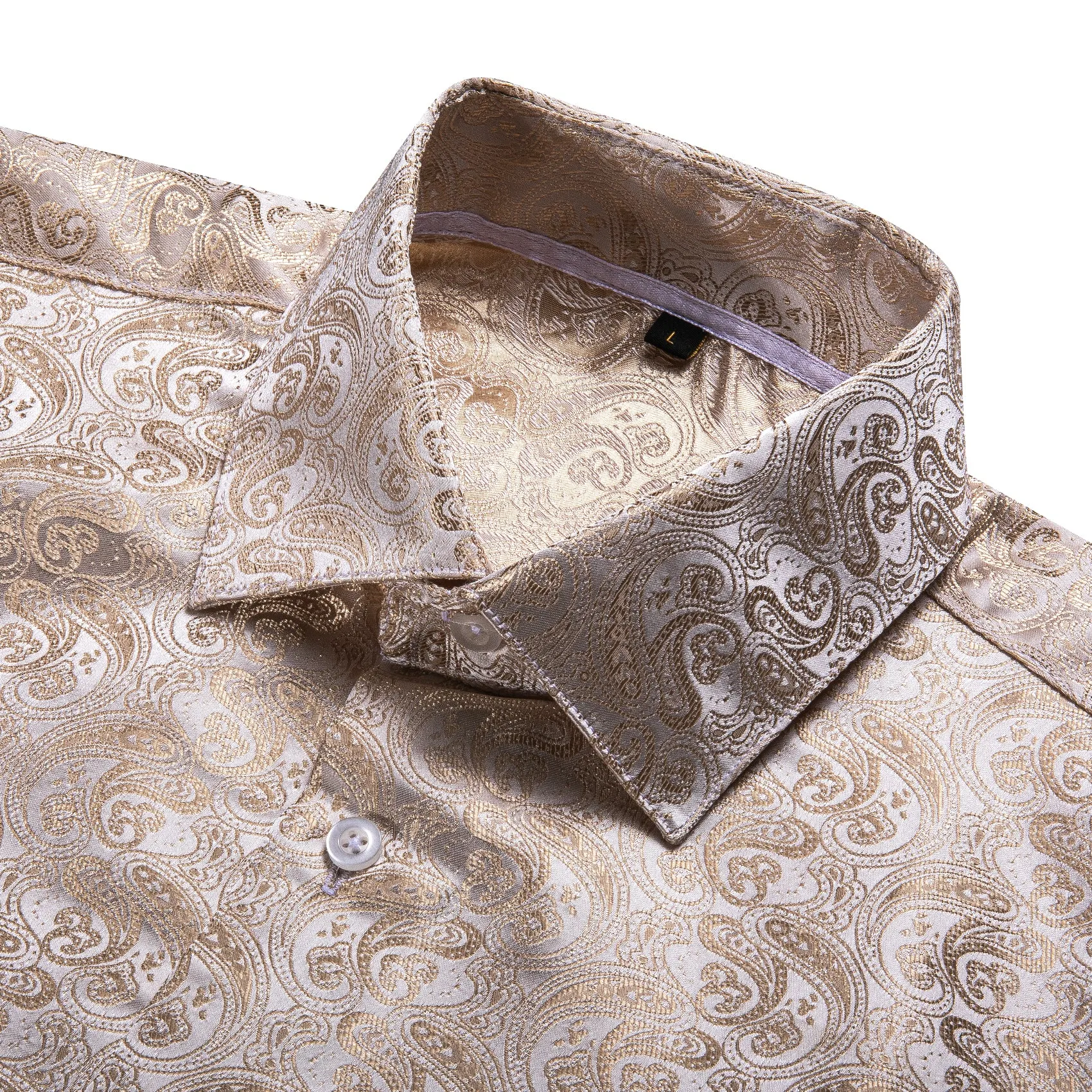 Champagne Golden Paisley Pattern Silk Men's Long Sleeve Shirt