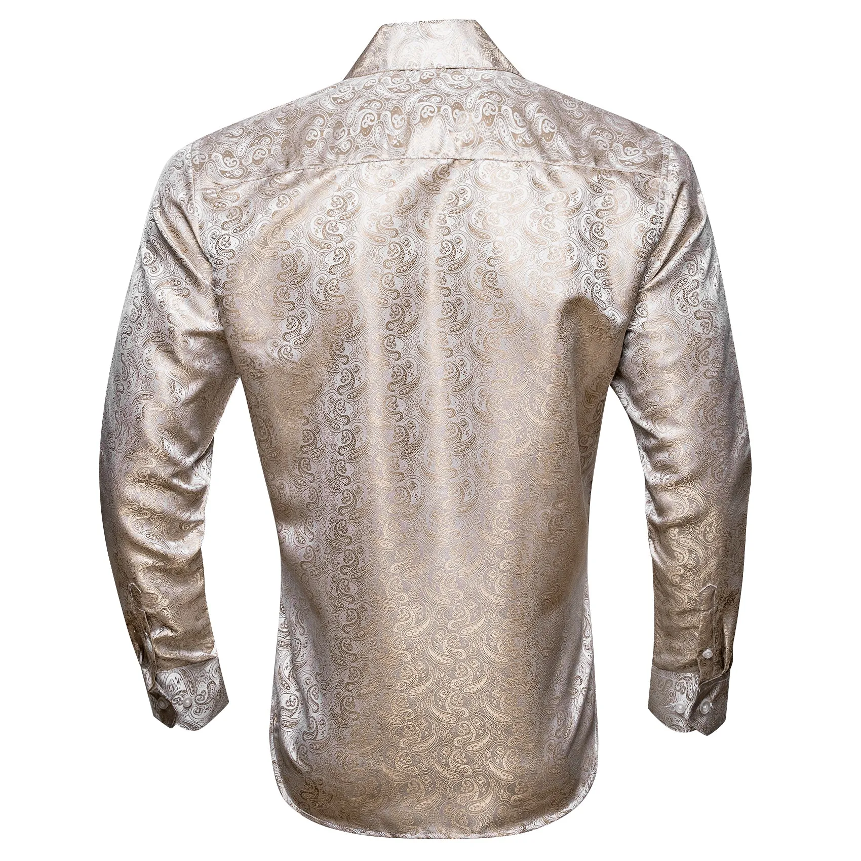 Champagne Golden Paisley Pattern Silk Men's Long Sleeve Shirt