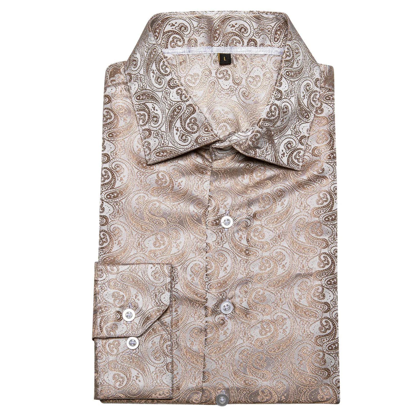 Champagne Golden Paisley Pattern Silk Men's Long Sleeve Shirt