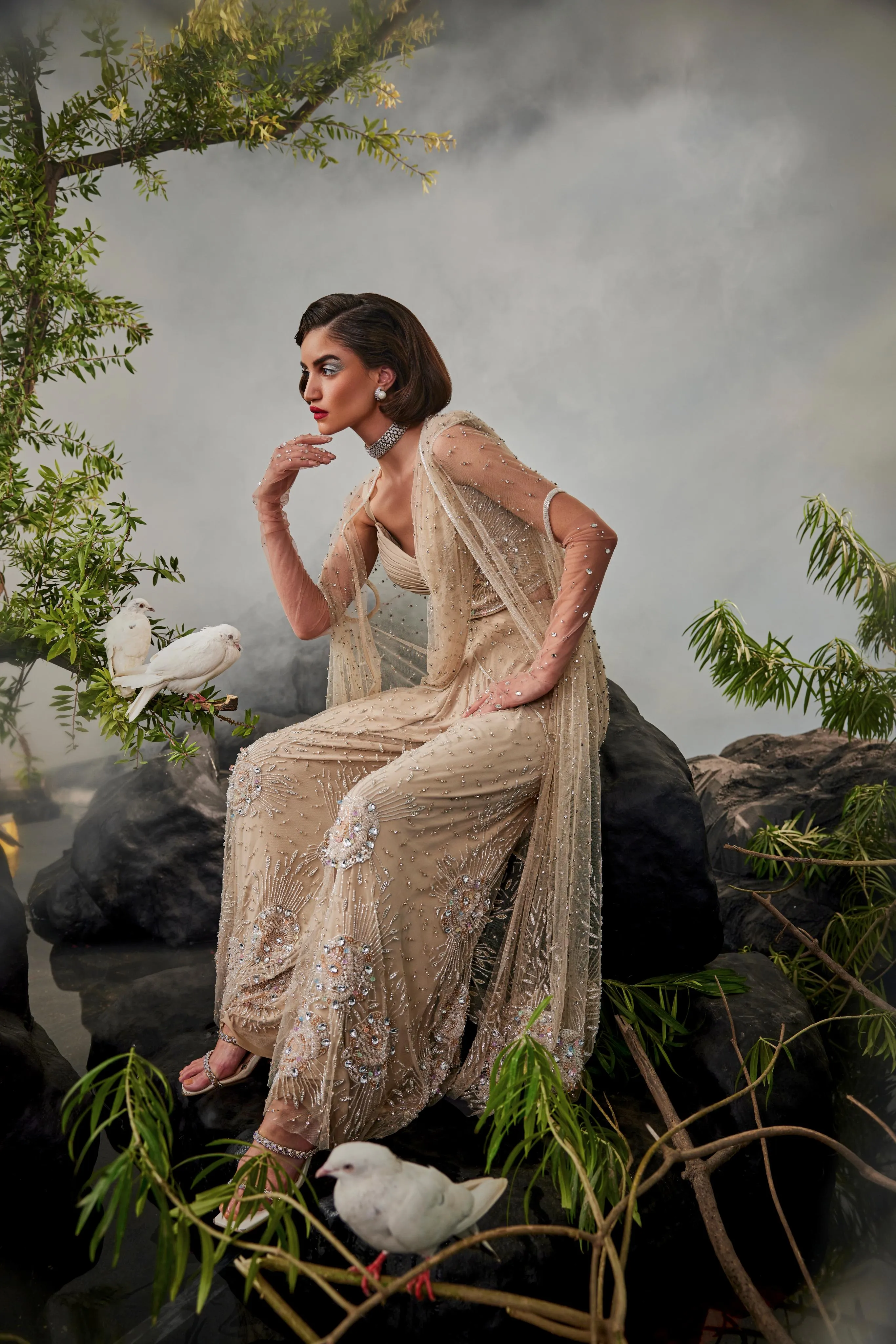 Champagne sharara sari with pleated blouse and cape